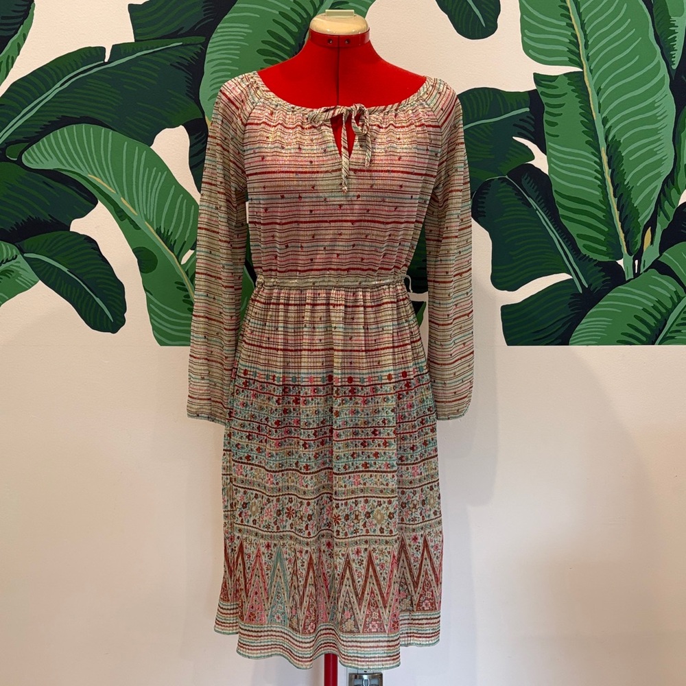 Vintage 1970s Gold Flick Floral Long Sleeve Dress